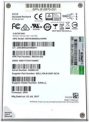 DDYE3840S5xnNMRI HP Enterprise 3.84TB 2.5" SAS 12GB/S SSD Solid Drive 850334-002 SSD - Solid State Drives