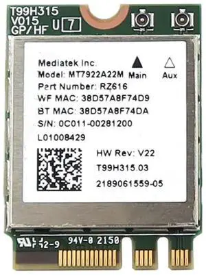 RZ616_UA Mediatek MT7922A22M Wifi 6E M.2 2230 Bluetooth 5.2 Card RZ616 0C011-00281200 Laptop Wireless Cards - Wifi