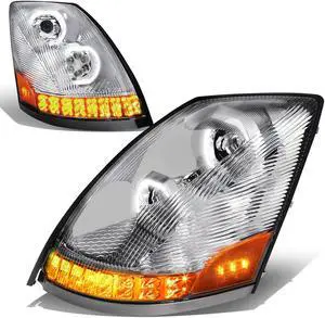 DNA Motoring HL-HAY-004-CH For 2004 to 2018 Volvo VN VNL 300 400 430 630 740 760 860 Pair LED DRL Halo Ring + Sequential Turn Signal Projector Headlight Lamps 05 06 07 08 09 10 11 12 13 14 15 16 17
