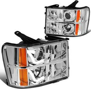 DNA Motoring HL-HPL-ULED-GMCSIE07-CH-AM For 2007-2014 GMC Sierra 1500 2500 3500 Chrome Amber Side LED DRL Strip Projector Headlight w/Signal Lamps 08 09 10 11 12 13