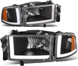DNA Motoring HL-LB2-DR944-BK-AM For 1994 to 2002 Dodge Ram 1500 2500 3500 LED DRL Headlight Black Housing Amber Corner Headlamp 95 96 97 98 99 00 01 Left + Right