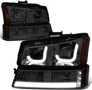 DNA Motoring HL-3DLED-CS03-AM-SM For 2003 to 2007 Chevy Avalanche Silverado Truck J-Halos Headlight+LED DRL Bar Signal Lamps Replacement Smoked/ Amber 04 05 06