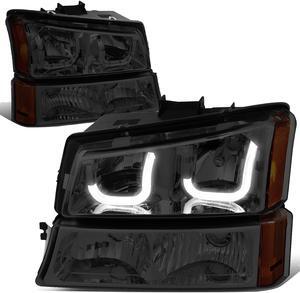 DNA Motoring HL-3DJJ-CS03-SM-AM For 2003 to 2007 Chevy Avalanche Silverado Truck J-Halos LED DRL Headlight Signal Lamps Replacement Smoked/ Amber 04 05 06
