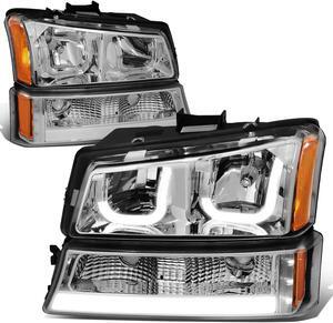 DNA Motoring HL-3DLED-CS03-AM-CH For 2003 to 2007 Chevy Avalanche Silverado Truck J-Halos Headlight+LED DRL Bar Signal Lamps Replacement Chrome/ Amber 04 05 06