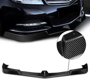 DNA Motoring 2-PU-510-R-RCF For 2012-2014 Mercedes W204 Gloss Black Carbon Fiber 3Pcs Front Bumper Lips Guard Body Kit w/ Vertical Stabilizers 13