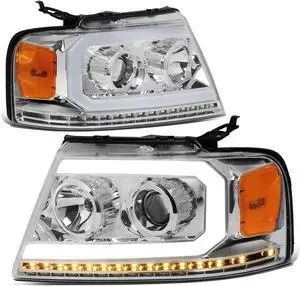 DNA Motoring HL-HPL-F15004-CH-AM For 2004 to 2008 Ford F-150 Lincoln Mark LT Sequential Turn Signal LED DRL Chrome/Amber Projector Headlight 05 06 07