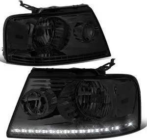 DNA Motoring HL-LED-F15004-SM-CL1 For 2004 to 2008 Ford F-150 Lincoln Mark LT LED DRL Smoked Lens Clear Corner Halogen Headlight Replacement 05 06 07