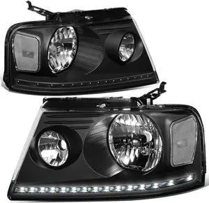 DNA Motoring HL-LED-F15004-BK-CL1 For 2004 to 2008 Ford F-150 Lincoln Mark LT LED DRL Black Housing Clear Corner Halogen Headlight Replacement 05 06 07