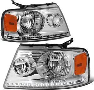 DNA Motoring HL-LED-F15004-CH-AM For 2004 to 2008 Ford F-150 Lincoln Mark LT LED DRL Chrome Housing Amber Corner Halogen Headlight Replacement 05 06 07