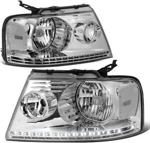 DNA Motoring HL-LED-F15004-CH-CL1 For 2004 to 2008 Ford F-150 Lincoln Mark LT LED DRL Chrome Housing Clear Corner Halogen Headlight Replacement 05 06 07