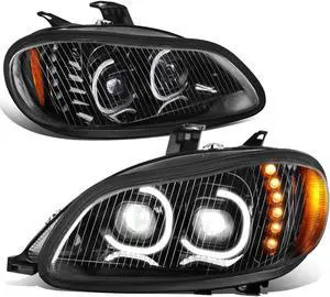 DNA Motoring HL-HAY-015-BK For 2003 to 2019 Freightliner Business Class M2 106 112 LED Halo Rings Turn Signal Black Housing Projector Headlight 15 16 17 18