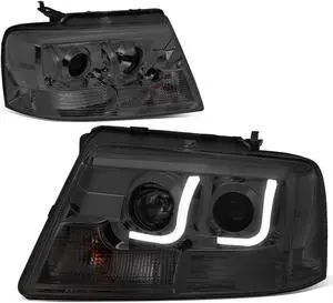 For 04-08 Ford F150 Pair of Smoked Lens Clear Corner 3D LED Halo U-Bar DRL Projector HeadLights 05 06 07