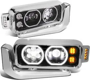 For 1981 to 2021 Peterbilt 359 379 389 LED Halo Rings DRL Turn Signal Dual Projector Black Housing Headlight Lamps 09 10 11 12