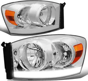 DNA Motoring HL-LB-DR06-CH-AM For 2006 to 2009 Dodge Ram 1500 2500 LED DRL Light Bar Headlights Chrome Housing Amber Corner Headlamp 07 08 Left + Right