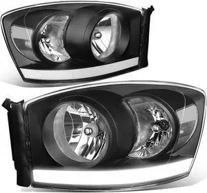 DNA Motoring HL-LB-DR06-BK-CL1 For 2006 to 2009 Dodge Ram 1500 2500 LED DRL Light Bar Headlights Black Housing Clear Corner Headlamp 07 08 Left + Right