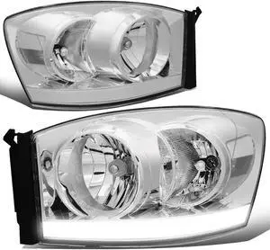 DNA Motoring HL-LB-DR06-CH-CL1 For 2006 to 2009 Dodge Ram 1500 2500 LED DRL Light Bar Headlights Chrome Housing Clear Corner Headlamp 07 08 Left + Right