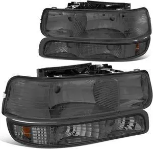 DNA Motoring HL-OH-CS99-4P-SM-AB For 1999 to 2006 Chevy Silverado Tahoe 4Pcs Headlight + Bumper Lamps Smoked Housing Amber Side - GMT800 00 01 02 03 04 05 Left + Right