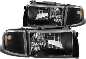 DNA Motoring HL-OH-DR944P-BK-AM For 1994 to 2002 Dodge Ram Truck 1500 2500 3500 Headlight+Corner Lamp Black Housing Amber Side 95 96 97 98 99 00 01 Left + Right