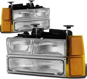 DNA Motoring HL-OH-8P-C1094-CH-OEM For 1994 to 2000 Chevy C/K-Series Suburban / Tahoe 8pcs Headlight+Bumper+Corner Lamps Kit OE Style Chrome Housing Amber Corner - GMT400 95 96 97 98 99