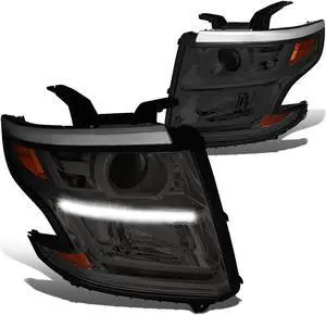 DNA Motoring HL-OH-CSUB15-SM-AM For 2015 to 2017 Chevy Tahoe Suburban Pair LED DRL Strip Projector Headlight Smoked Housing Amber Corner Headlamp 16 Left + Right