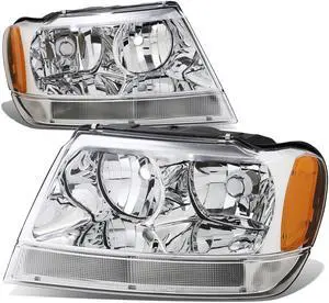 DNA Motoring HL-OH-JGC99-CH-AM For 1999 to 2004 Jeep Grand Cherokee Chrome Housing Amber Corner Headlight Headlamps WJ 00 01 02 03 Left + Right