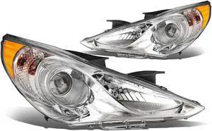 DNA Motoring HL-OH-HSON11-CH-AM For 2011 to 2014 Sonata Pair Projector Headlight Chrome Housing Amber Corner Headlamps 12 13 Left + Right