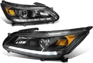 DNA Motoring HL-LB-HA13-BK-AM For 2013 to 2015 Honda Accord LED DRL Light Bar Projector Headlight Black Housing Amber Corner Headlamp 14 Sedan 4-Door Left + Right
