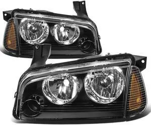 DNA Motoring HL-OH-CHA05-4P-BK-AM For 2006 to 2010 Dodge Charger LX 4pcs Black Housing Clear Lens Headlight+Amber Corner Signal Lamp 07 08 09 Left + Right
