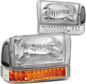DNA Motoring HL-HPL-FSUP99-CH-CL1 For 1999 to 2004 Ford F250 F350 Super Duty Bumper+LED Turn Signal Headlight Chrome Housing Clear Corner Headlamp 00 01 02 03 Excursion