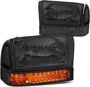 DNA Motoring HL-HPL-FSUP99-SM-CL1 For 1999 to 2004 Ford F250 F350 Super Duty Bumper+LED Turn Signal Headlight Smoked Housing Clear Corner Headlamp 00 01 02 03 Excursion