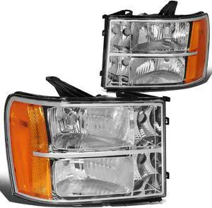 DNA Motoring HL-OH-GMCSIE07-CH-AM For 2007 to 2013 GMC Sierra 1500 2500HD 3500HD GMT 900 Chrome Housing Amber Corner Headlight Headlamp 08 09 10 11 12 Left + Right