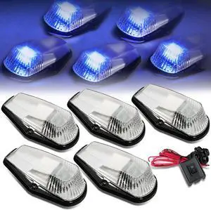 DNA Motoring CBL-F15080-CH-B For 1980 to 1996 Ford F150 F250 F350 F450 5 X LED Cab Roof Top Lights + Wiring Harness + Switch (Chrome Housing Blue LED) 92 93 94 95