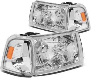 DNA Motoring HL-OH-FRAN01-CH-AM For 2001 to 2011 Ford Ranger 4pcs Headlight+Corner Lamp Chrome Housing Amber Side 02 03 04 05 06 07 08 09 10 Left + Right