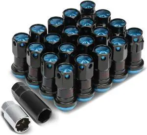DNA Motoring LN-ZTL-9016-15-LB M12 x 1.5 Closed End 16PC Aluminum Alloy Wheel Lug Nuts + 4 x Lock Nut + 1 x Key (Light Blue Accents / Black Body)