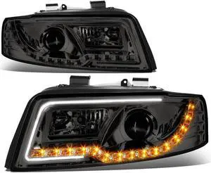 DNA Motoring HL-HPL-DRL-A402-SM For 2002 to 2005 Audi A4/A4 Quattro B6 Amber LED Turn Signal Strip Projector HeadLight Smoked Housing Headlamp 03 04 Left + Right
