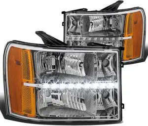 DNA Motoring HL-LED-GMCSIE07-CH-AM For 2007 to 2013 GMC Sierra 1500 2500 3500 LED DRL Light Bar Headlight Chrome Housing Amber Corner Headlamp 08 09 10 11 12 Left + Right