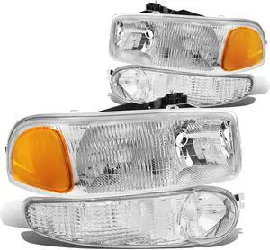DNA Motoring HL-OEM-DAN99-4P For 2001 to 2006 GMC Sierra Yukon Denali 1500 OE Style Headlight+Bumper Lamp Chrome Housing 02 03 04 05 4Pcs Left + Right