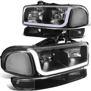 DNA Motoring HL-LB-SIERRA99-BK-CL1 For 1999 to 2007 GMC Sierra 1500 2500 3500 Yukon LED DRL Light Bar Headlight+Bumper Lamp Black Housing Clear Corner 00 01 02 03 04 05 06 4Psc