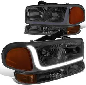 DNA Motoring HL-LB-SIERRA99-SM-AM For 1999 to 2007 GMC Sierra 1500 2500 3500 Yukon LED DRL Light Bar Headlight+Bumper Lamp Black Housing Smoked Lens Amber Corner 00 01 02 03 04 05 06 4Pcs