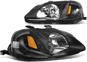 DNA Motoring HL-OH-HC99-BK-AM For 1999 to 2000 Honda Civic Replacement Headlight Black Housing Amber Corner Headlamps EJ EK EM Left + Right