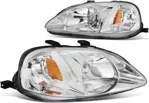DNA Motoring HL-OH-HC99-CH-AM For 1999 to 2000 Honda Civic Replacement Headlight Chrome Housing Amber Corner Headlamps EJ EK EM Left + Right