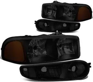DNA Motoring HL-OH-DAN994P-BK-SM-AM For 2001 to 2007 GMC Sierra C3 Yukon Denali 4Pcs of Smoked Housing Amber Corner Headlights + Bumper Lamps 02 03 04 05 06 Left + Right