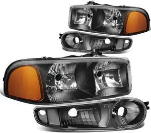 DNA Motoring HL-OH-DAN994P-BK-AM For 2001 to 2007 GMC Sierra C3 Yukon Denali 4Pcs of Black Housing Amber Corner Headlights + Bumper Lamps 02 03 04 05 06 Left + Right