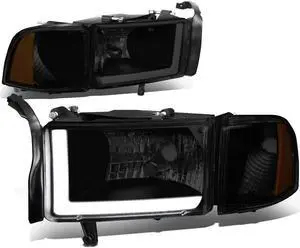 DNA Motoring HL-LB-DR944-BK-SM-AM For 1994 to 2002 Dodge RAM 1500 2500 3500 LED DRL Light Bar Headlights Black Housing Smoked Lens Amber Corner Headlamp 95 96 97 98 99 00 01 Left + Right