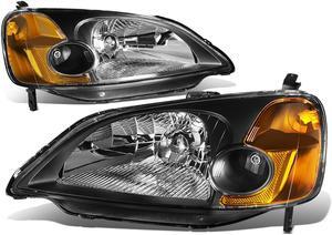 DNA Motoring HL-OH-HC01-BK-AM For 2001 to 2003 Honda Civic OE Style Headlight Black Housing Amber Corner Headlamp EM ES 02 Left + Right