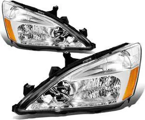 DNA Motoring HL-OH-HA03-CH-AB For 2003 to 2007 Honda Accord Replacement Headlight Chrome Housing Amber Corner Headlamp 04 05 06 Left + Right