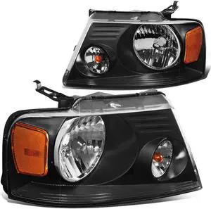 DNA Motoring HL-OH-F1504-BK-AM For 2004 to 2008 Ford F150 11th Gen Black Housing Amber Corner Headlight Headlamp 05 06 07 Left + Right