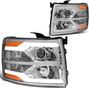 DNA Motoring HL-HPL-CSIL07-G2-CH-AM For 2007 to 2014 Chevy Silverado Dual LED DRL Strip Projector Headlight Chrome Housing Amber Side Headlamp 08 09 10 11 12 13 1500 2500 3500