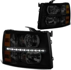 DNA Motoring HL-LED-CSIL07-BK-SM-AM For 2007 to 2014 Chevy Silverado 1500 2500 3500 LED DRL Strip Headlight Smoked Housing Amber Corner Headlamp 08 09 10 11 12 13 Left + Right