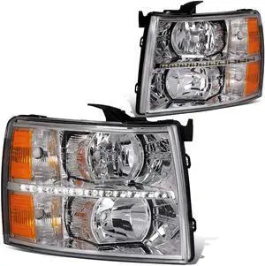 DNA Motoring HL-LED-CSIL07-CH-AM For 2007 to 2014 Chevy Silverado 1500 2500 3500 LED DRL Strip Headlight Chrome Housing Amber Corner Headlamp 08 09 10 11 12 13 Left + Right